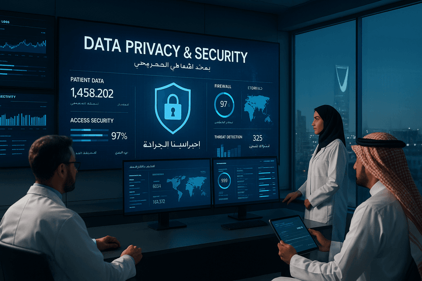 Modern healthcare IT control room in Saudi Arabia with security dashboards