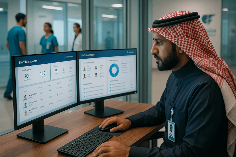 HR manager in a Saudi hospital office viewing staff dashboards with healthcare staff in background