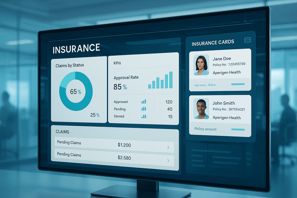 Digital insurance dashboard showing claims status, KPIs, and patient insurance cards