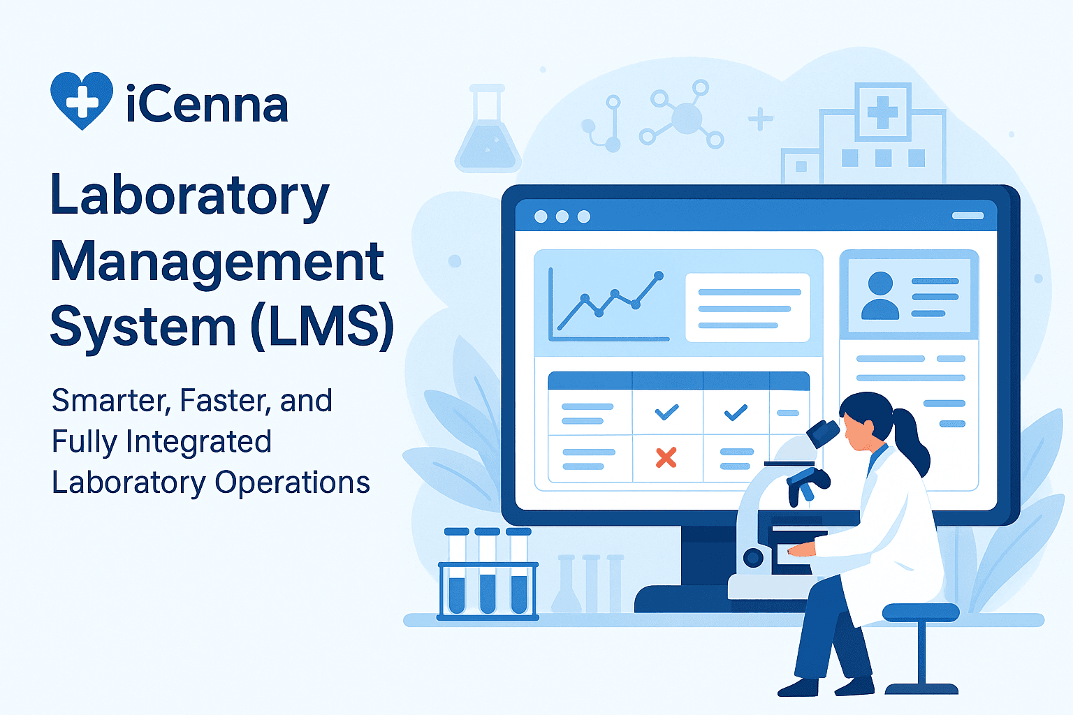 Modern laboratory dashboard showing iCenna LMS interface with automated workflows