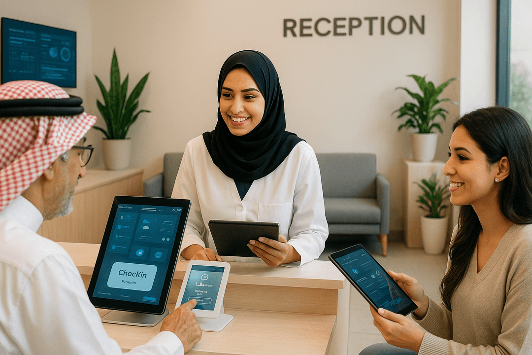 موظفة استقبال تساعد المرضى في عيادة حديثة مع أنظمة رقمية