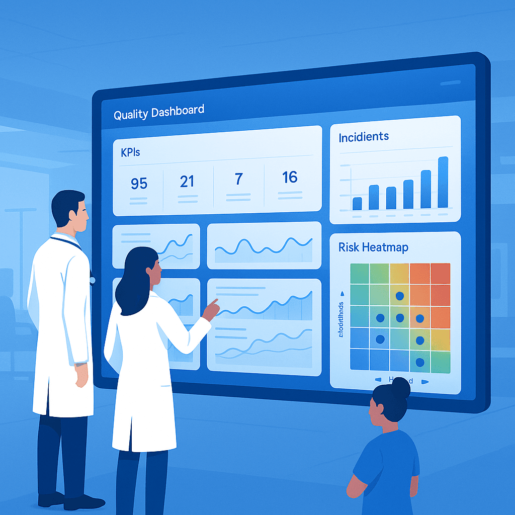 Hospital team reviewing quality KPIs and risk dashboard on digital screen