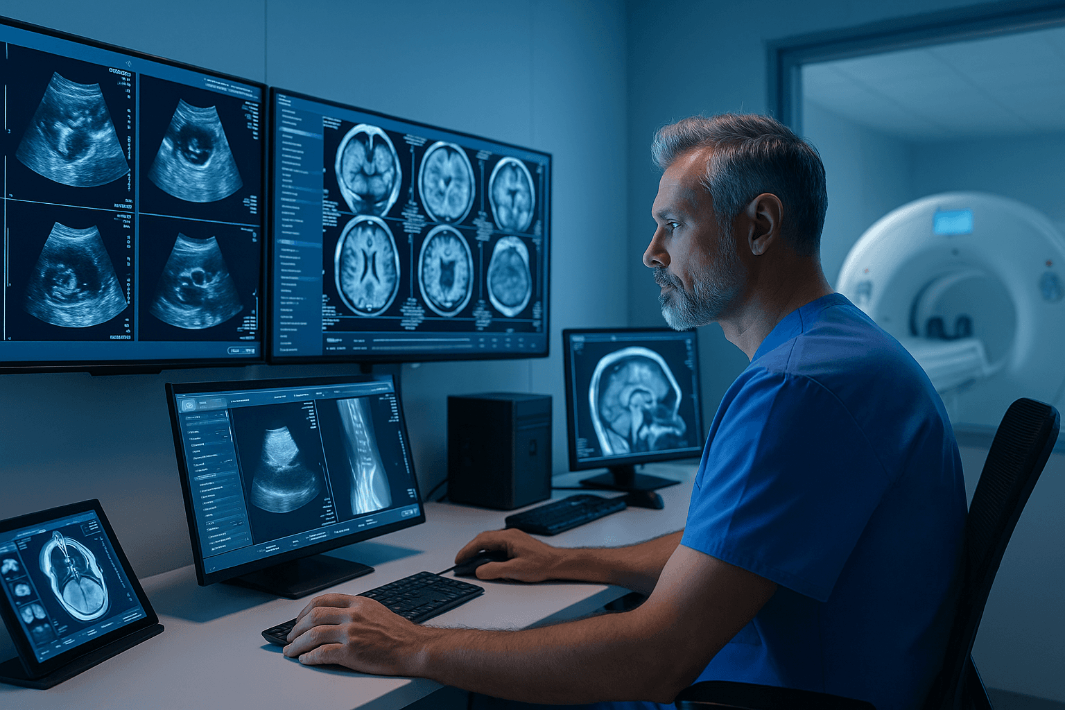 Modern radiology suite with radiologist viewing medical images on multiple large screens